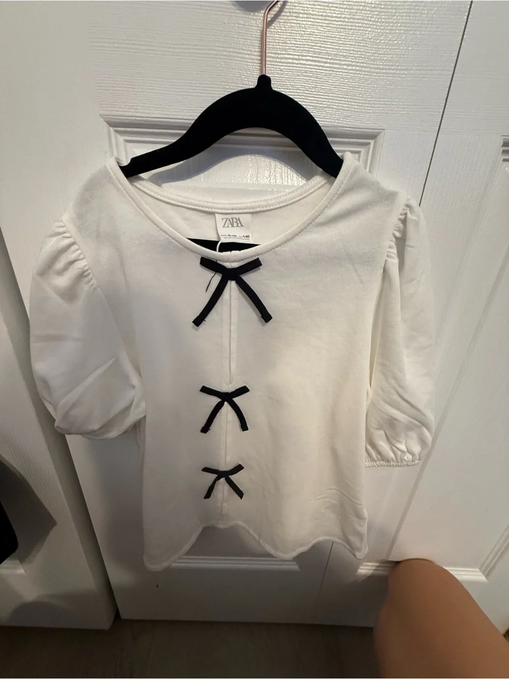 Girls White Puff-Sleeve Top with Black Bow Details